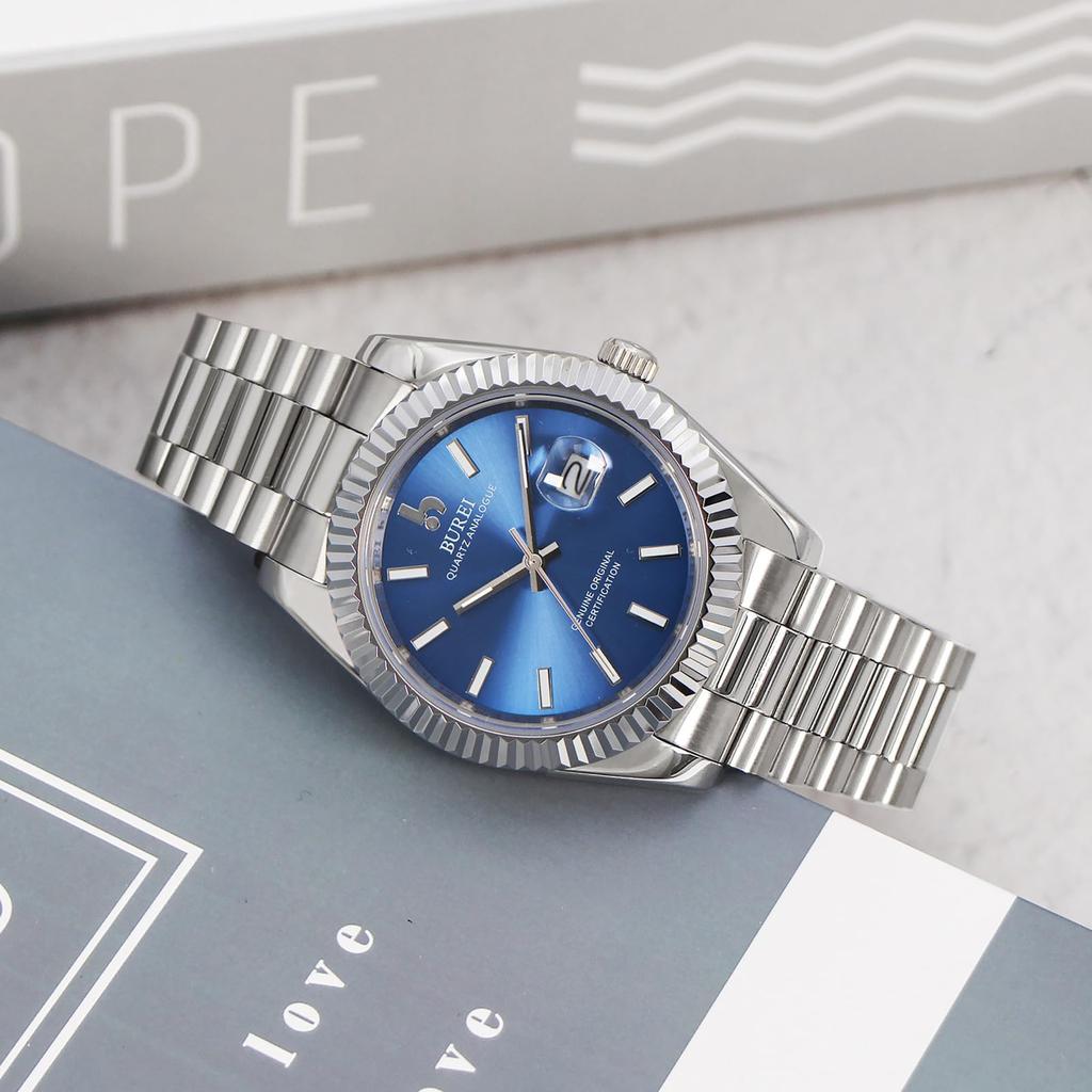 BUREI Men's Watch Waterproof Quartz Analog Simple Popular Business Fashion Silver Blue Luminous Watch Birthday Gift