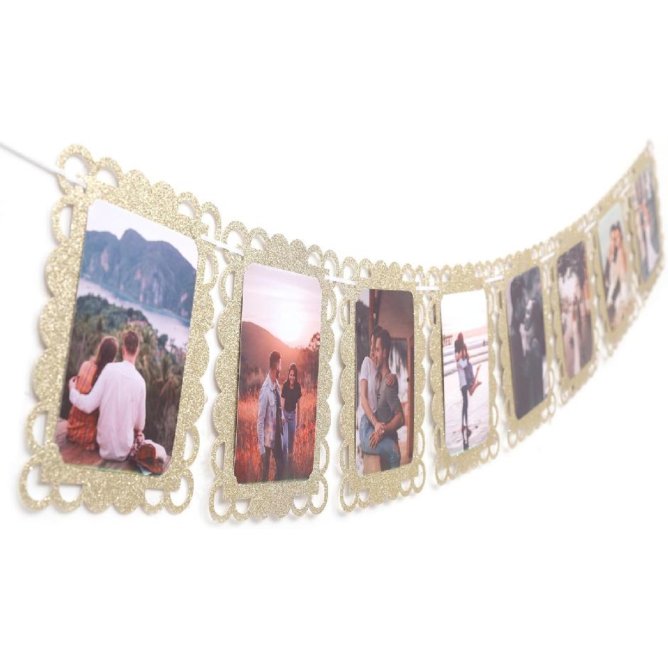 Golden Photo Banner for 4x6 Inch Pictures – 8 Pcs Hanging Photo Frame Banner for Bridal Shower, Engagement, Birthday, Wedding Decorations, Gold