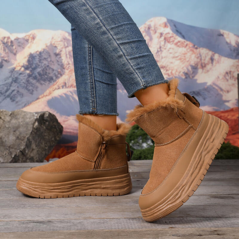 Fashion Chunky Platform Suede Snow Boots Women 2025 Winter Soft Thick Bottom Side Zip Fluffy Fur Ankle Boots Warm Plush Woman's Shoes