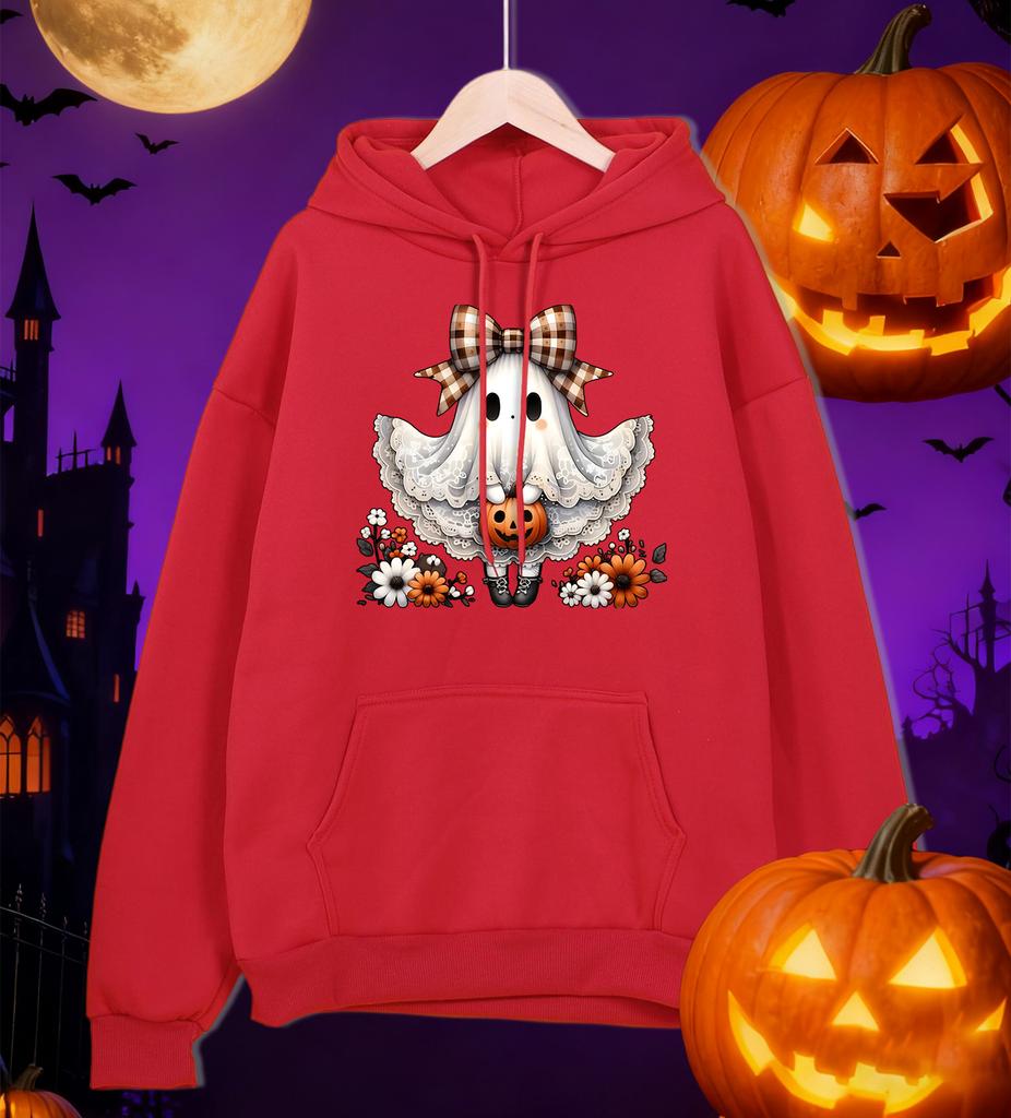 Fröhliches Halloween Schleife Geisterdruck Herren Hoodie Hip Hop Mehrfarbig Kapuzenpullover Fleece Allround-Pullover Übergroße Tasche Sportbekleidung