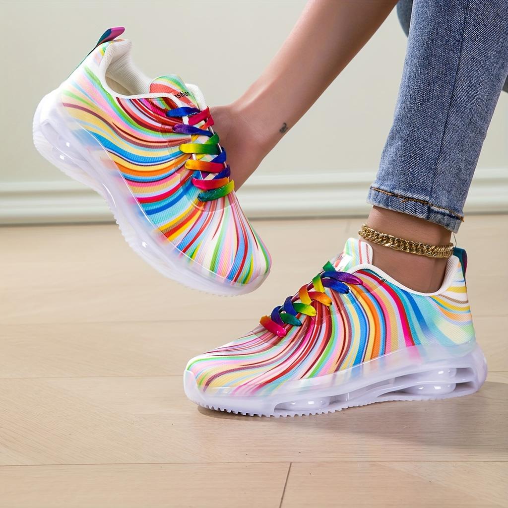 Women's Rainbow Stripe Casual Sports Shoes Summer Mesh Fashion Flat Beach and Leisure Holiday Lace-up Running Shoes for Ladies