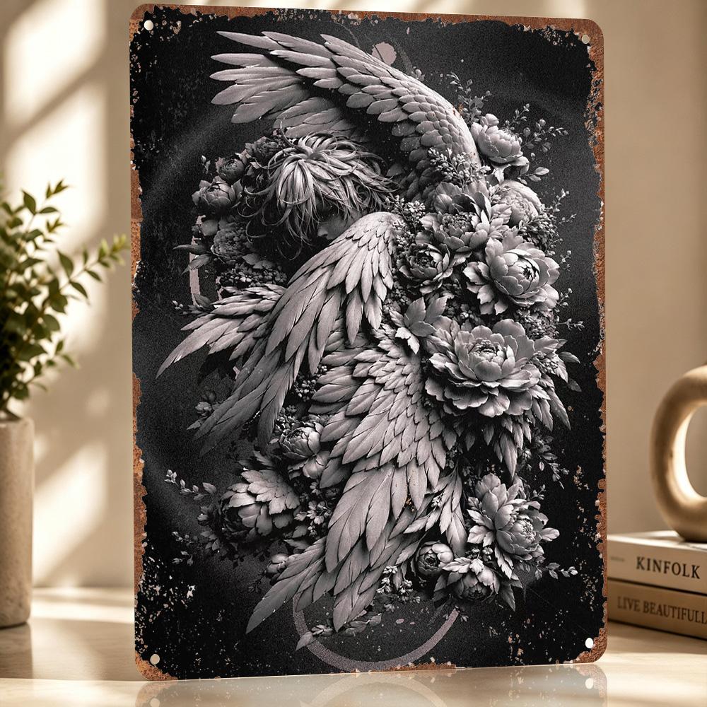 Angel Embraced By Floral Bloom D Texture Metal Poster Customized Wall Art Tin Sign Gift for Mancave Garage Accessories Room Bar