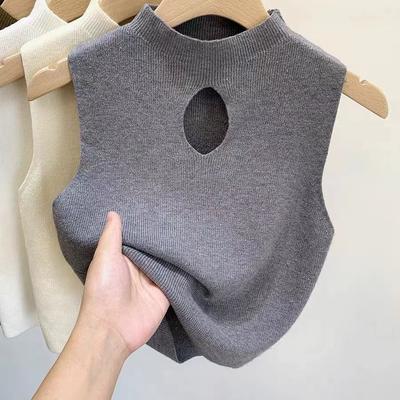 Turtleneck Hollow-out Knitted Hot Girl Camisole Tank Top Women's Early Autumn Retro Short Sleeveless Top