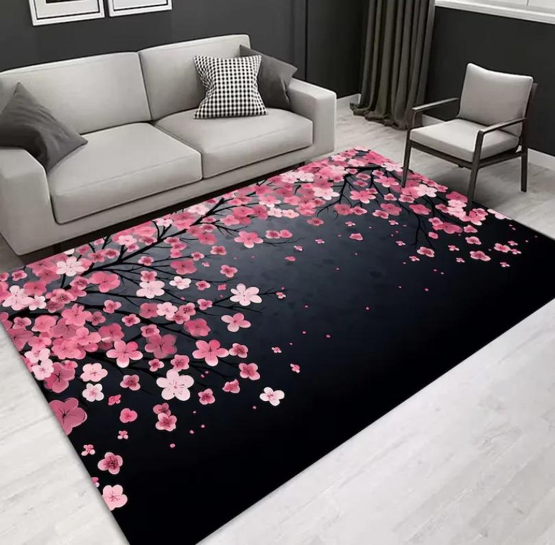 Oriental Cherry Blossom Area Rug Traditional Plum Flower Floor Carpet Non Slip Washable Mat Style Decor Rug for Living Room