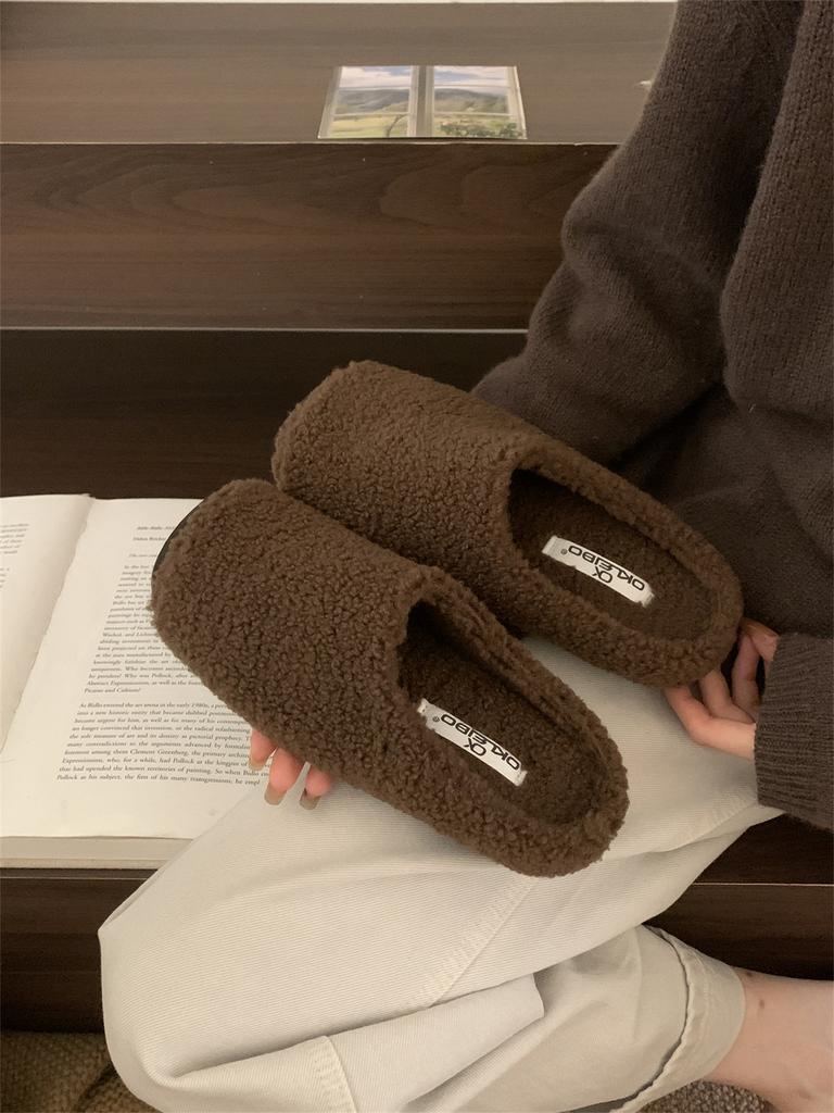 Retro Lamb Wool Plush Slippers Women's Outer Wear 2025 New Small Fragrant Splicing Lazy One-pedal Cotton Mop
