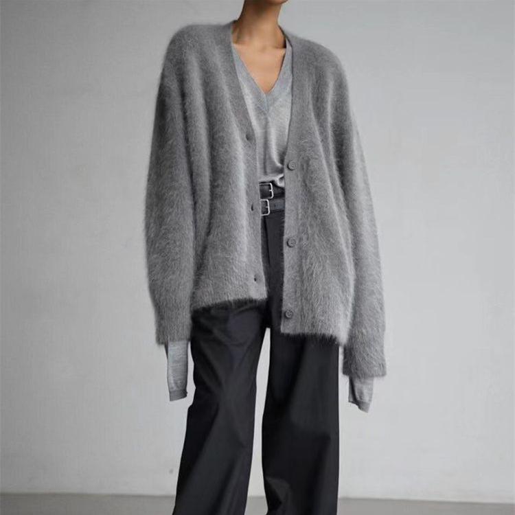 Women's Faux Mink Knit Cardigan Jacket Soft and Skin-friendly V-neck Knit Cardigan Autumn and Winter