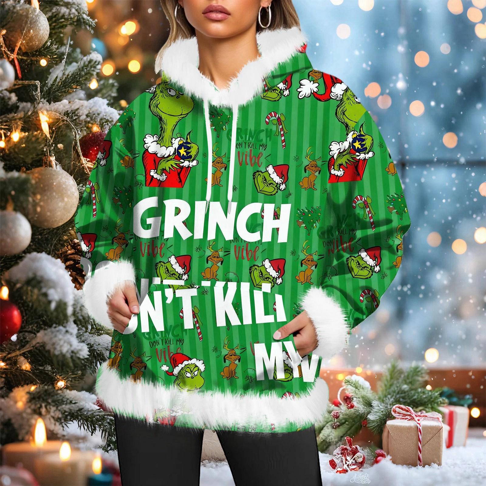 

Women s Christmas Casual Fleece-Lined Hoodie With Long Sleeves And Pockets Sweatshirt Top S