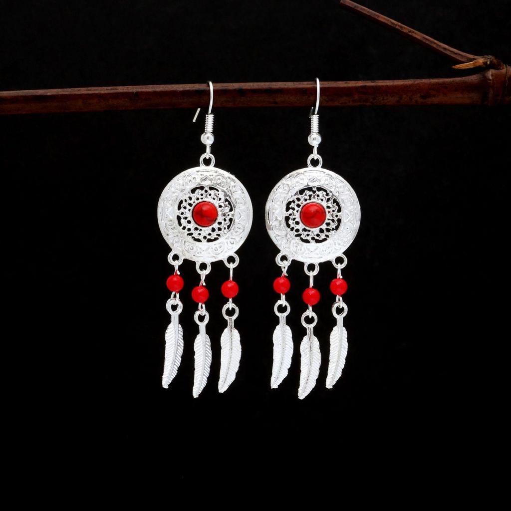 Ethnic Imitation Miao Silver Feather Tassel Earrings - Colorful and Stylish