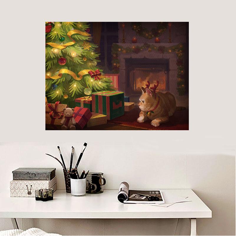 DIY 5D Diamond Cross Stitch Cat and Gift House Square / Round Diamond Embroidery Mosaic Art Home Decoration
