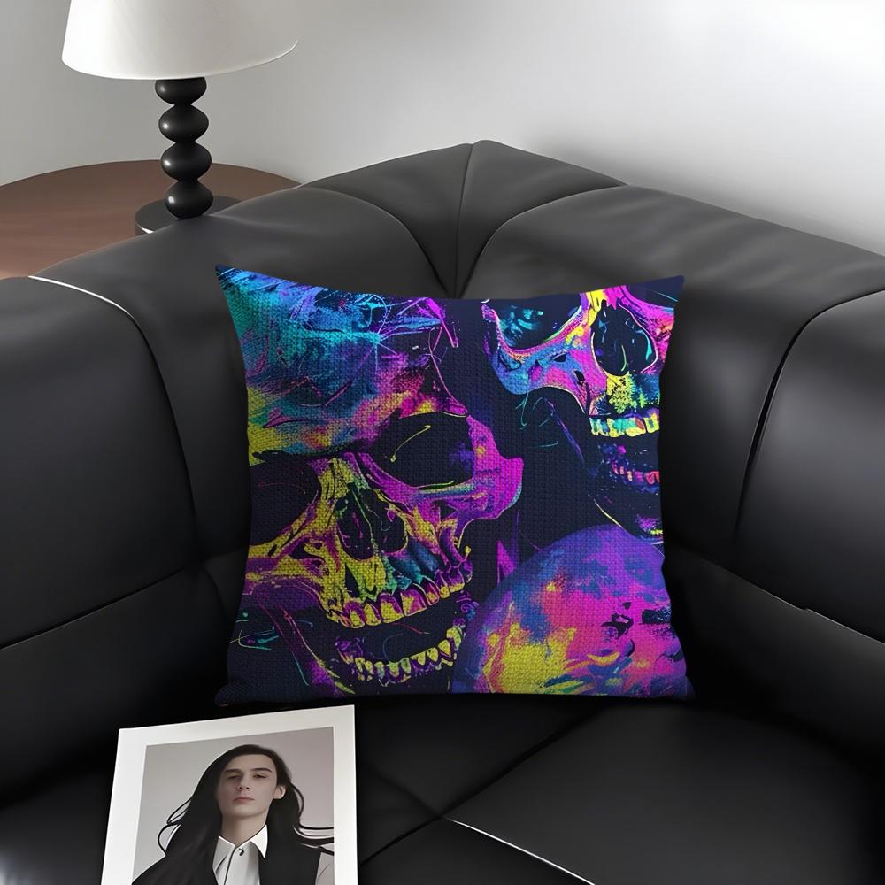 Colorful Skull Cool Cushion Cover Natural Linen Organic Fabric Double-Sided Printing Sofa Home Decor Gift Pillow Case