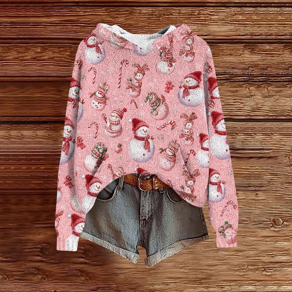 Women's Fashion Casual Long Sleeve Christmas Print Hooded Knitted Sweatshirt