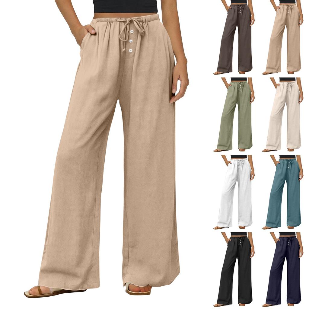 Women's Casual Fashion Cotton And Linen Drawstring Button Trousers