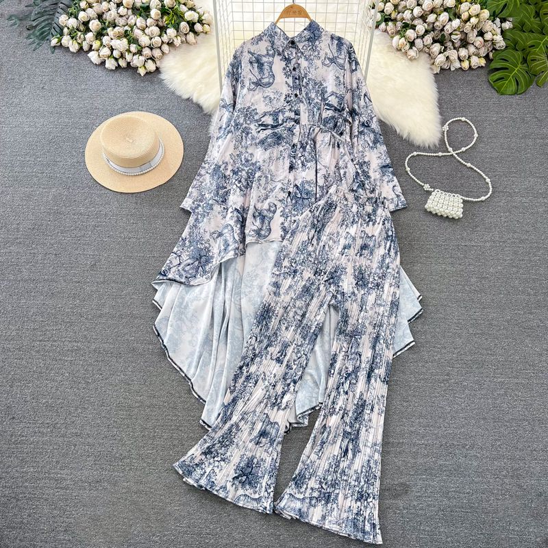 

European and American-Style Mid-Length Single-Breasted Speaker Fashion Suit Apricot bottom blue Print One size