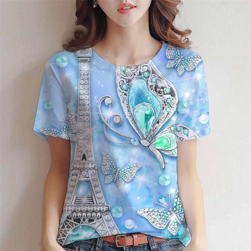 

Summer women s T-shirt, 3D butterfly print round neck short-sleeved top, fashionable plus size women s T-shirt, retro style. 5XL