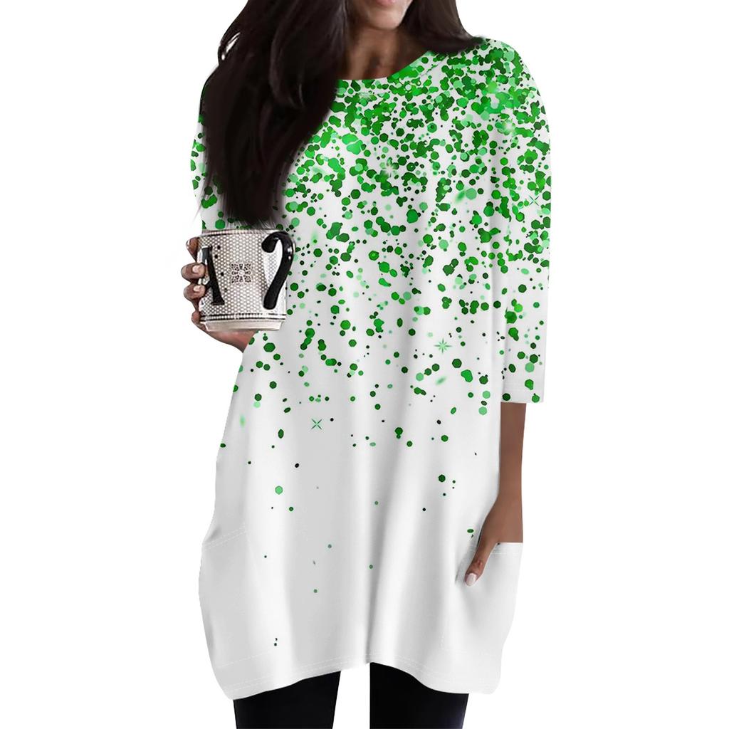 Women's  Casual 3/4 Sleeve Shirts Fashion St Patrick's Print Tunic Tops With Pockets