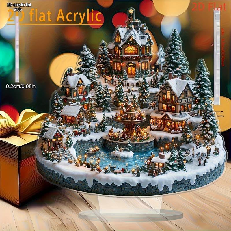 2D Flat Bohemian Style Acrylic Christmas Village Tabletop Decoration, Lights, Trees, and Figures, Suitable for wall decoration, porch, room, villa, ac