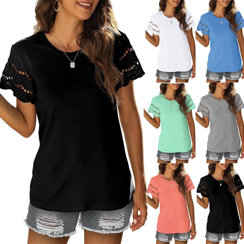 Ladies Summer Lacework Short Sleeve Round Collar Solid Color Pullover T Shirt Top