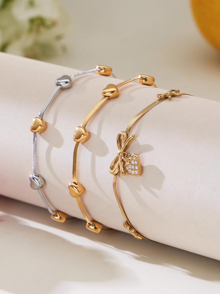 18K Gold-Plated Heart Zircon Bow Pendant Necklace & Bracelet Jewelry Set