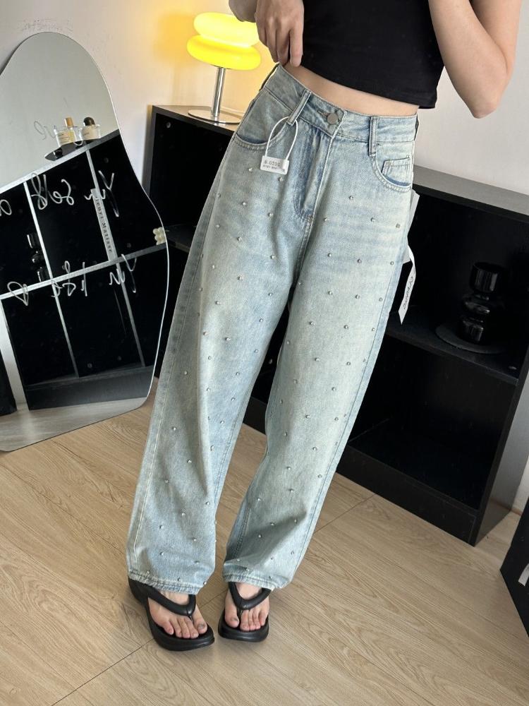Y2k Harajuku Vintage Baggy Blue Jeans Women Retro Nail Drill Design High Waist Denim Trousers Korean Fashion 90s Aesthetic Wide Pants Streetwear