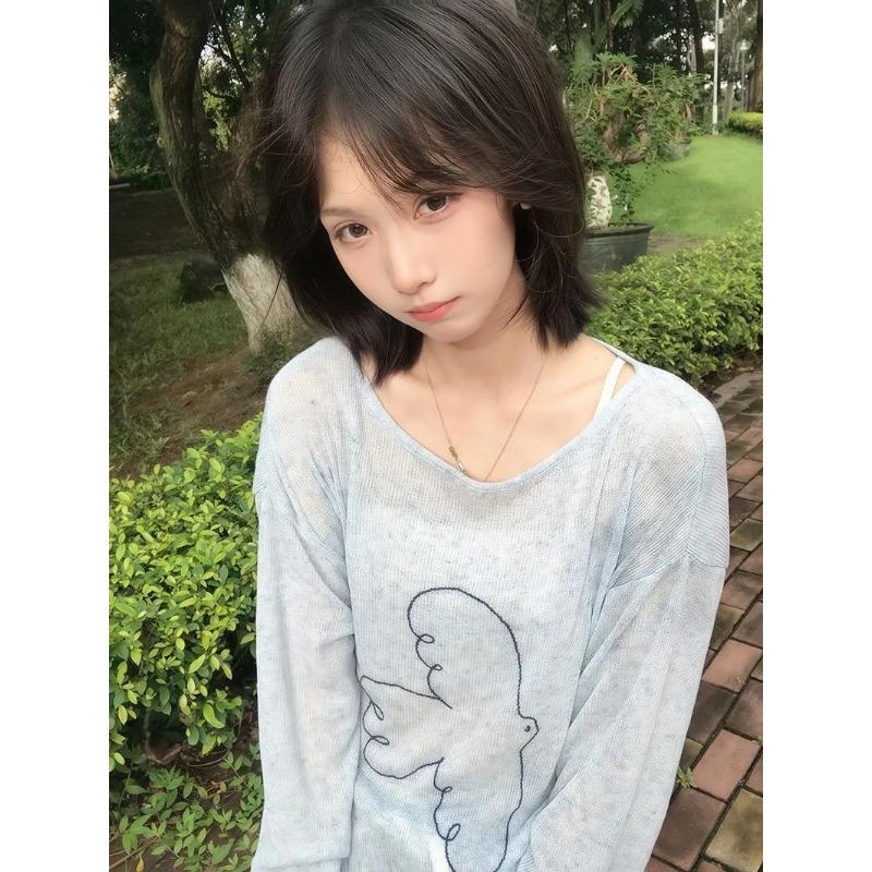 Korean Sun Protection Thin Blouse with Bird Embroidery Long-sleeved T-shirt for Women Summer Loose Lazy Style Slimming Top