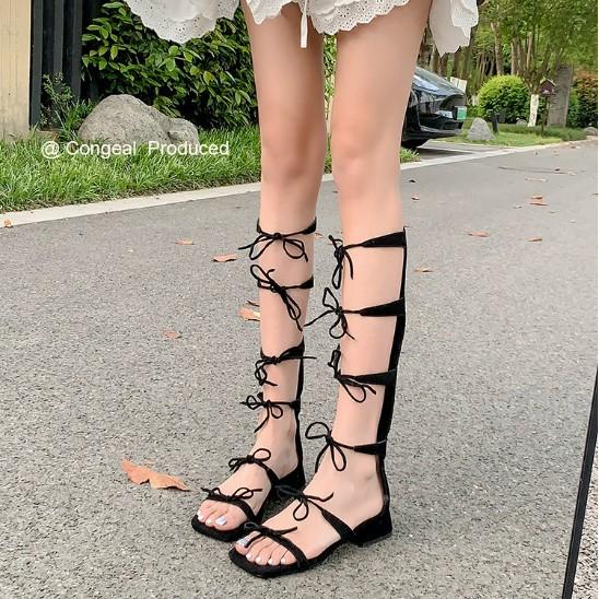 [Spot] Summer New Holiday Style Bow Cross Strap Cool Boots Women's High Open-toed Roman Sandals