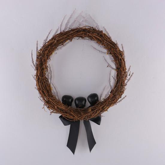 White Bone Garland Halloween Skeleton Hand Wreath for Front Door, Gothic Spooky Hanging Decoration Rattan with Black Bow And Skulls Door Wall Holiday