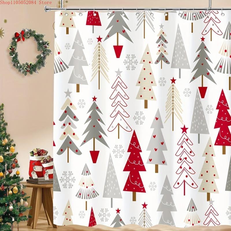1pc festive red white christmas shower curtain cute tree   -   With Hooks Waterproof Mildew Proof Easy Install Washable
