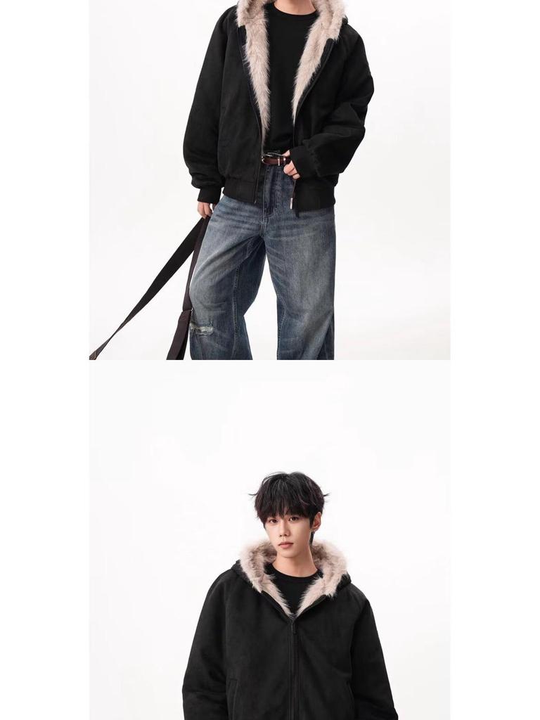 Unisex Winter Trendy Mountain Eagle Cotton Jacket with Thick Suede Plush Collar and Rabbit Ear Detail