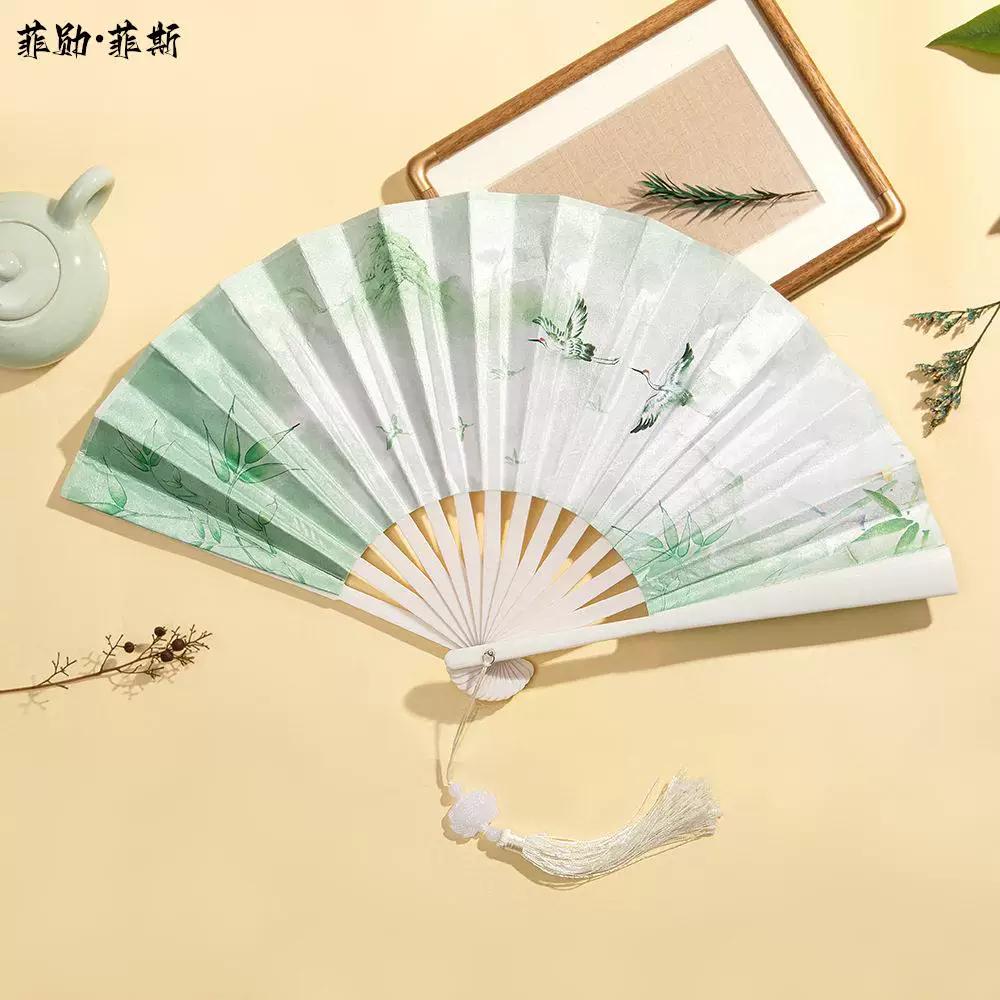 Hanfu Fan for Boys, Chinese Style 8inch Plastic Fan with Tassel Pendant, Trendy Folding Fan for Children, Silk Cloth, Ancient Style, Tear-Resistant