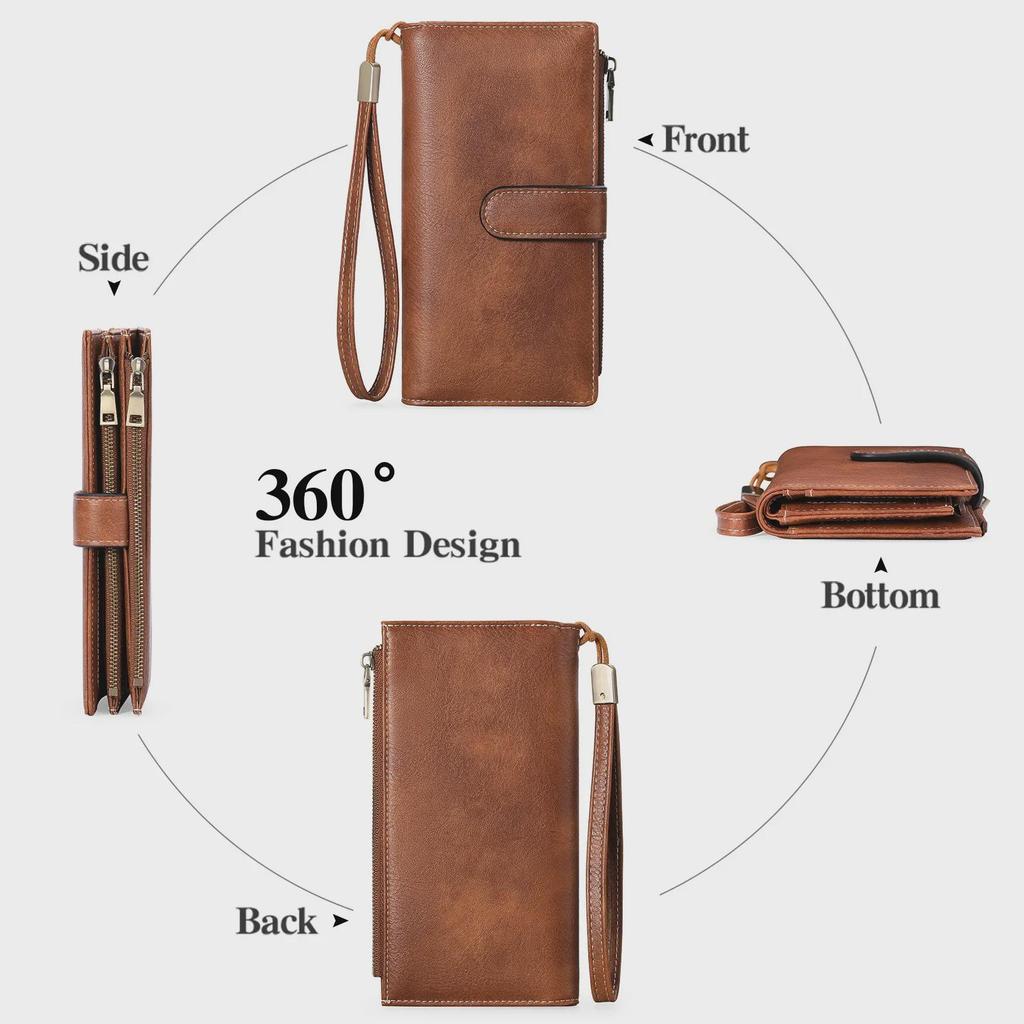 Women's RFID-Blocking Tri-Fold Retro Clutch Wallet