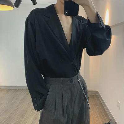 Men's Trendy Spring Korean Chic Long-Sleeve Suit Collar Shirt - White/Black