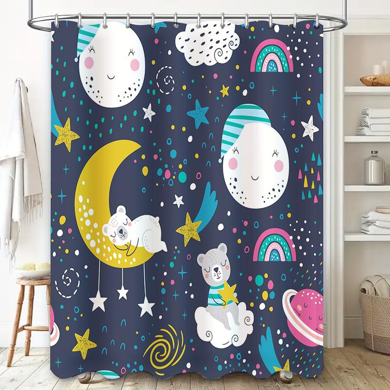 Whimsical Space Shower Curtain Kids Bedroom Decor with Moon Stars Pattern Blue Fabric Shower Curtains for Bathroom Waterproof Ho