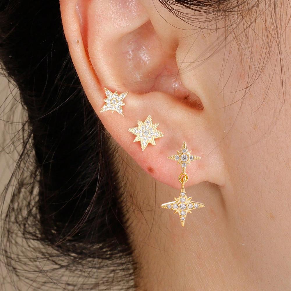 3PCS French Design Stainless Steel Zircon Star Stud Earrings Set For Women Helix Tragus Star Earring Cartilage Piercing Jewelry