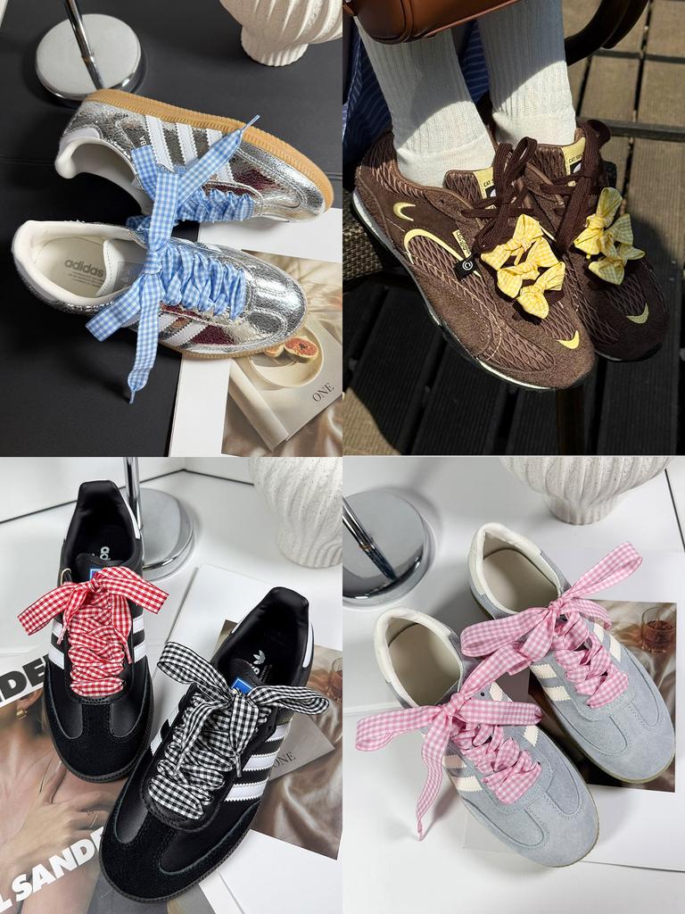 1 Pair Cute Pastel Gingham Check Ribbon Shoelaces Wide Flat Grid Multicolor Sweet Girly Bow Laces for Sneakers and Casual Shoes