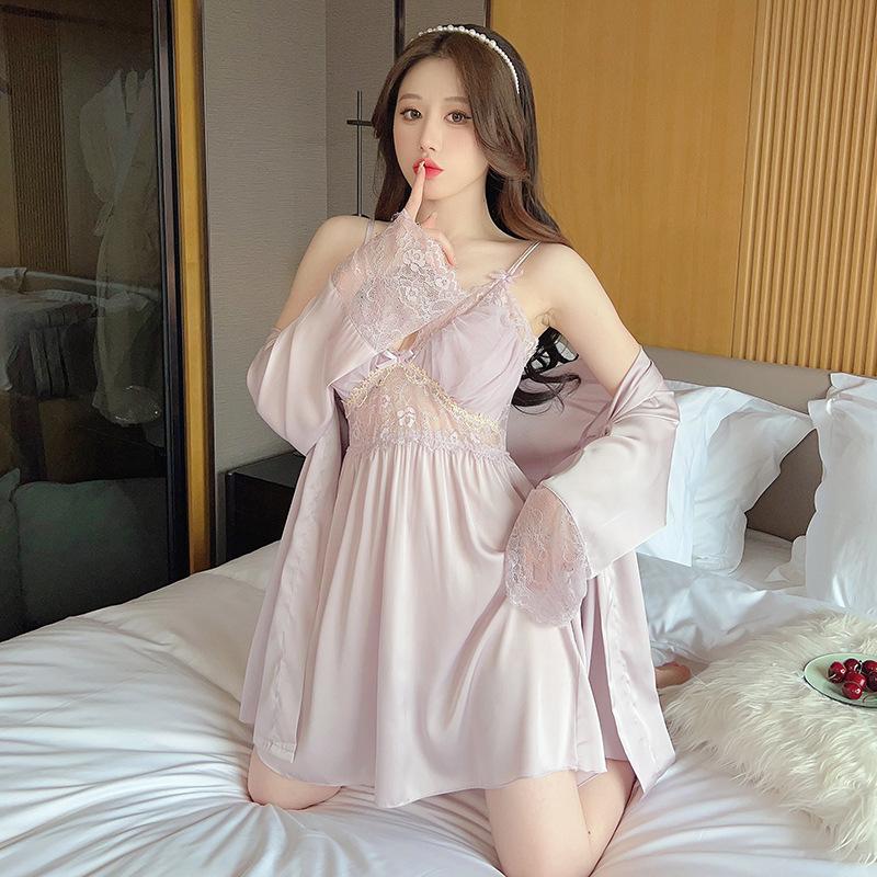 Female Sexy New Pajamas with Chest Pads, Suspenders, Spring and Summer Simulated Silk Pajamas, Two-piece Set, Bathrobes, Loungewear