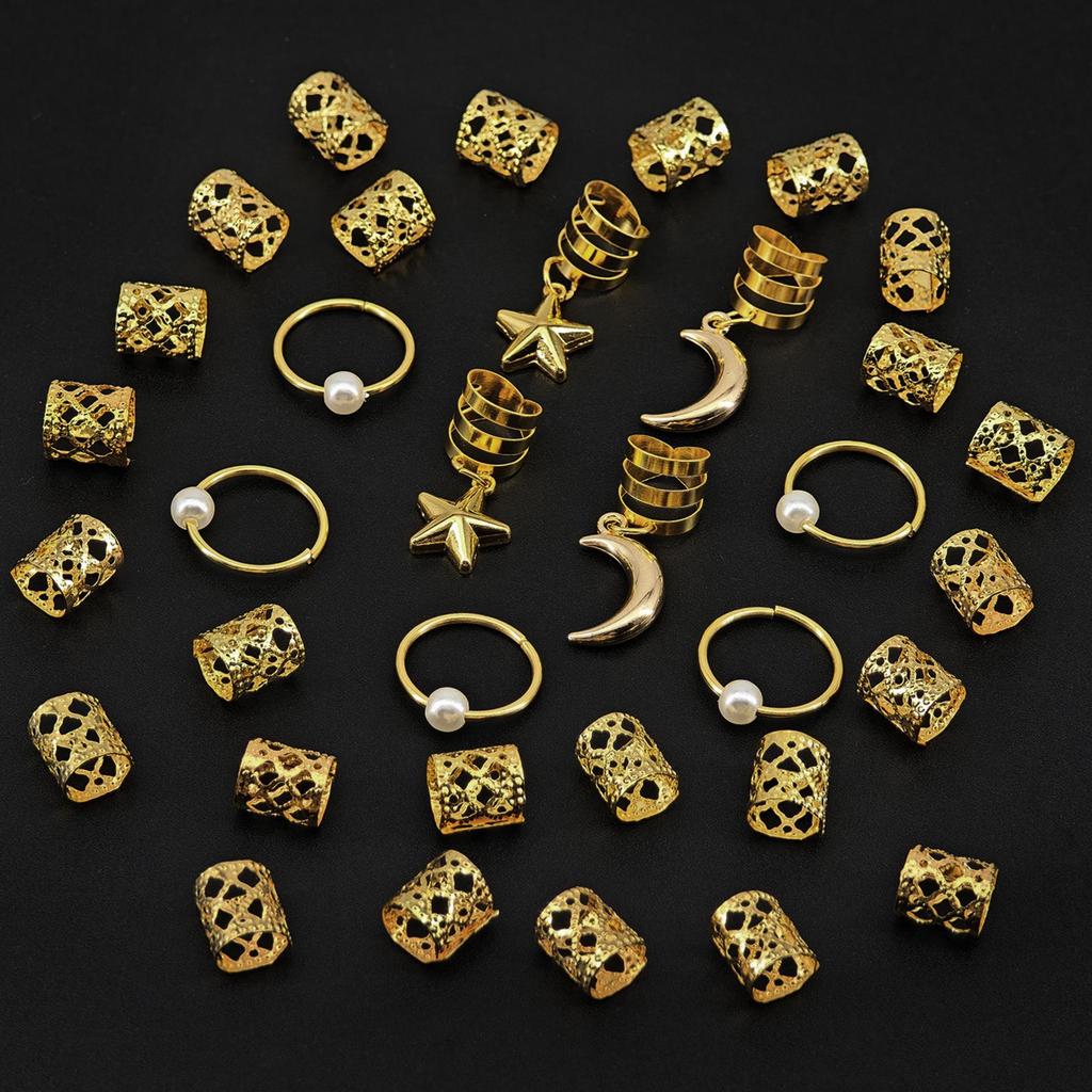 34-Piece Star & Moon Dreadlock Hair Beads Set - 25 Personalized Hair Rings & Extensions