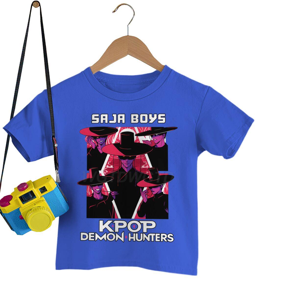 

Аниме K-pop Охотники на демонов Саджа Футболки для мальчиков и девочек с коротким рукавом и круглым вырезом Повседневные летние топы Детская одежда 150