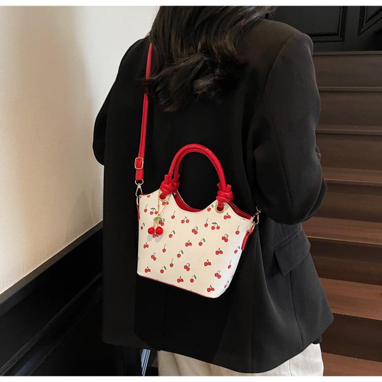 Cherry Print Square Shoulder Bag Women Fashion Faux Leather Crossbody Tote Cute Armpit Handbag