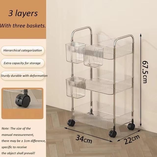 For 3/4 Layer Rolling Trolley Storage Rack Movable Trolley With Hanging Basket Bathroom Storage Makeup Snack Organizer Transpare