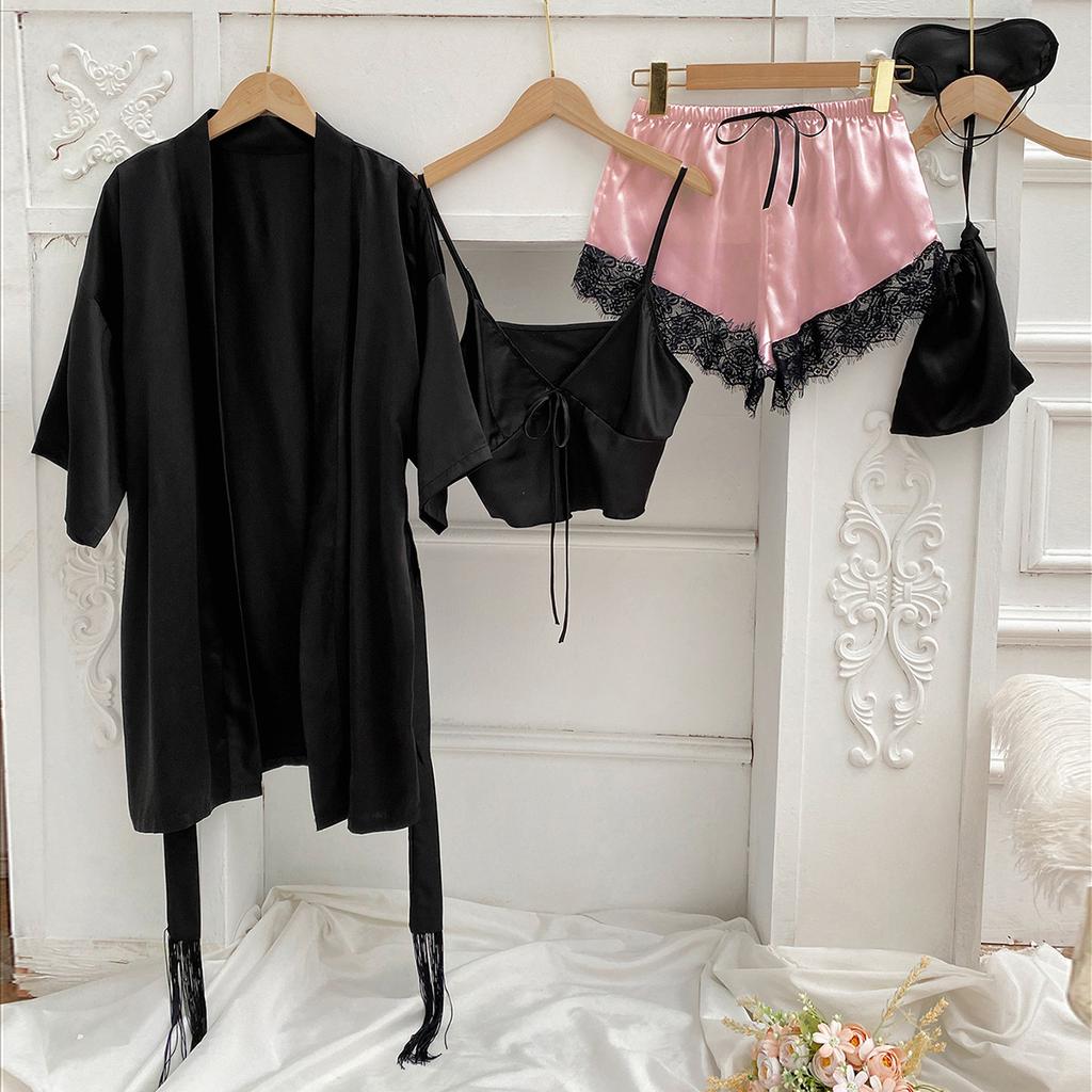 Female Sleepwear Pajamas Three-Piece Set Spring Summer Kimono Bathrobe Strap Top&Shorts Pijamas Suit Sexy Loose Satin Home Wear