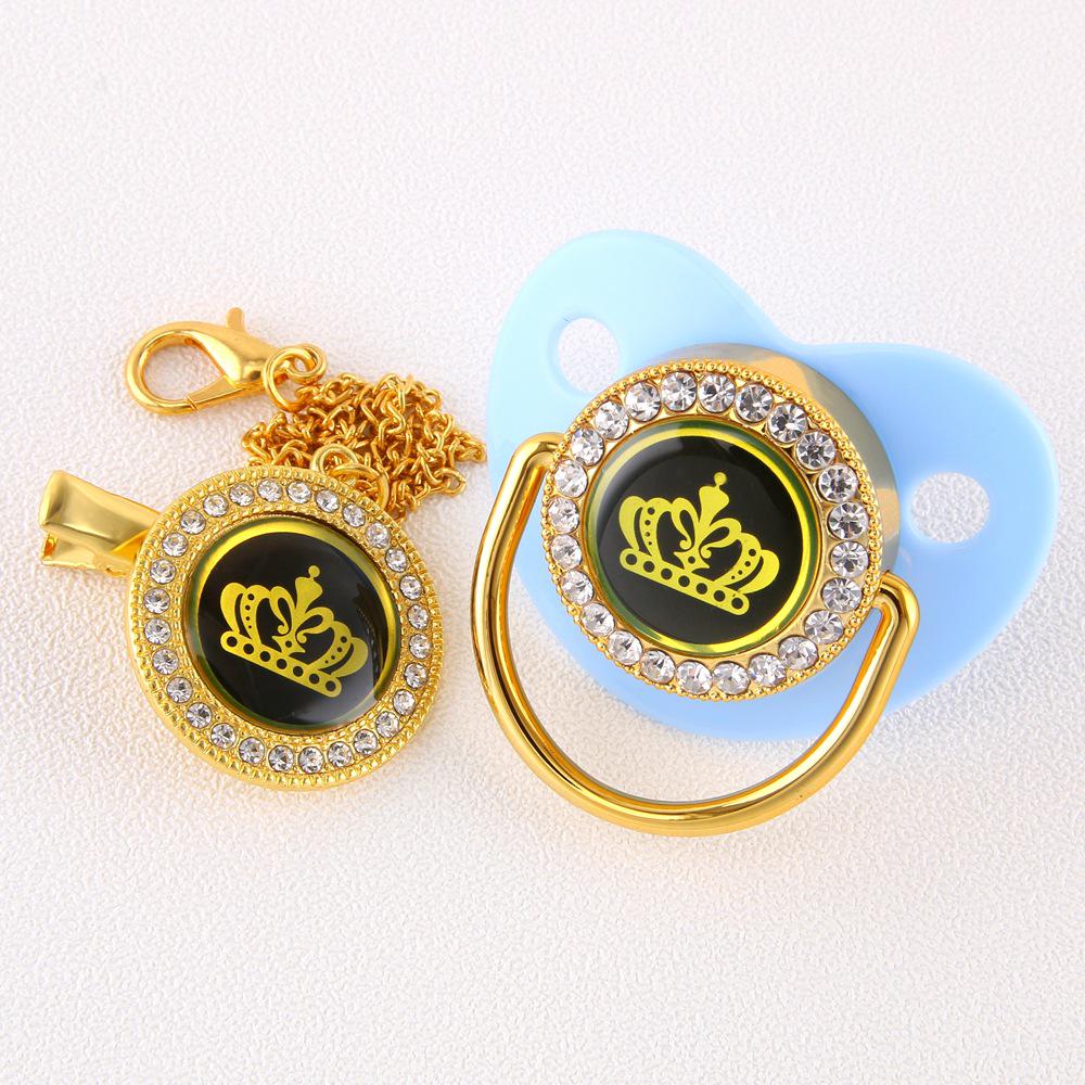 High-End Gold Diamond Baby Pacifier with Cartoon Crown and Chain Clip