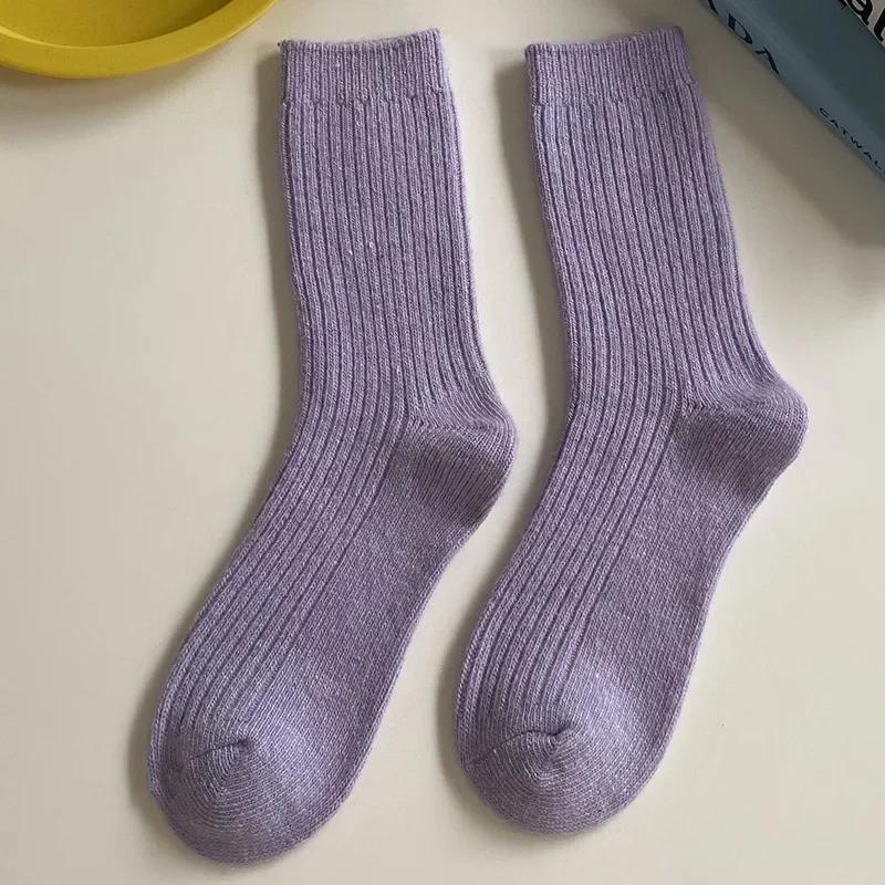 1 Paar Damen Baumwolle Lockere Socken Herbst Winter Strick Einfarbig Lang Schwarz Rosa Koreanisch Japanisch Studentinnen Strümpfe Retro