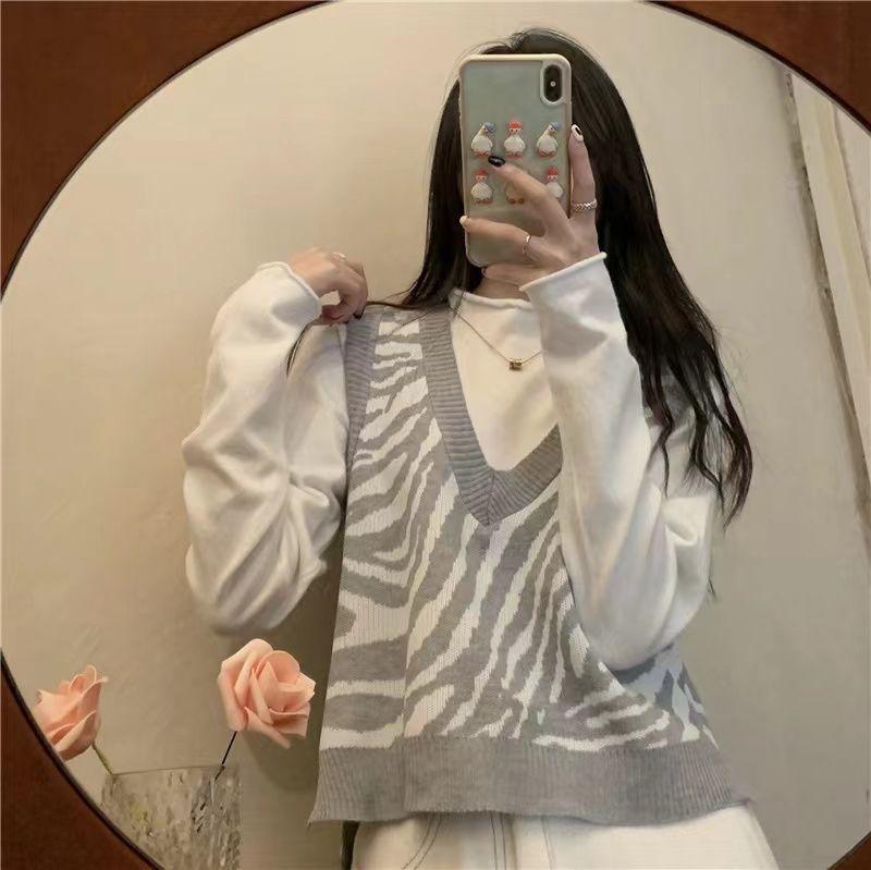 Retro Zebra Sweater Vest Women 2023 Spring and Autumn Korean Version Foreigner Loose Sweater Tank Knitted Vest Pullover Female