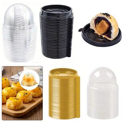 50 Stück Mini Klare Dom Kuchenbehälter mit Deckeln Goldene Schwarze Basis Bäckerei Konditorei Ausstellungsbox für Muffins Desserts Mondkuchen