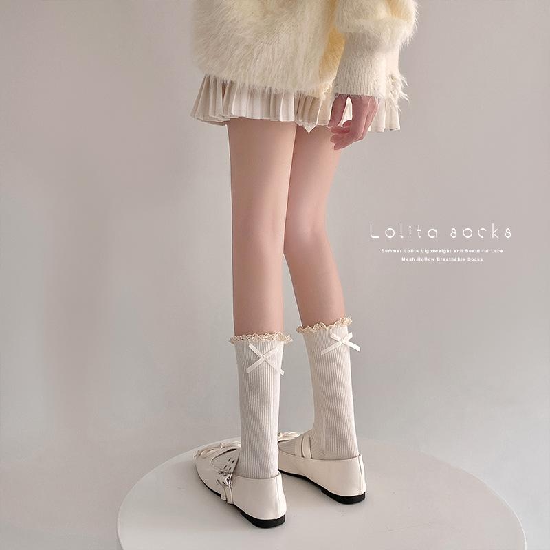 Lace Socks, Cute Mid-calf Lolita Ribbon Bow, White Pile Long Calf, Retro