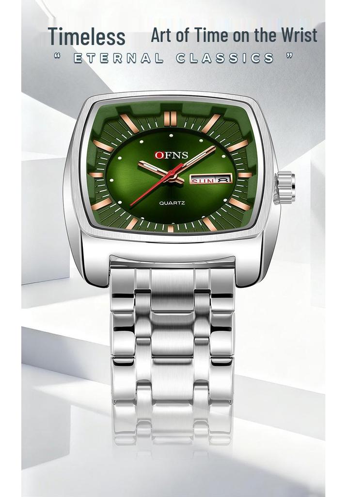 OFNS Men's Quartz Watch - Barrel-Shaped Steel, Silicone Strap, Waterproof, Luminous, Double Calendar, Trendy Casual Design
