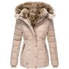 Women's Faux Fur Hooded Puffer Jacket, Winter Warm Coat with Metal Buttons