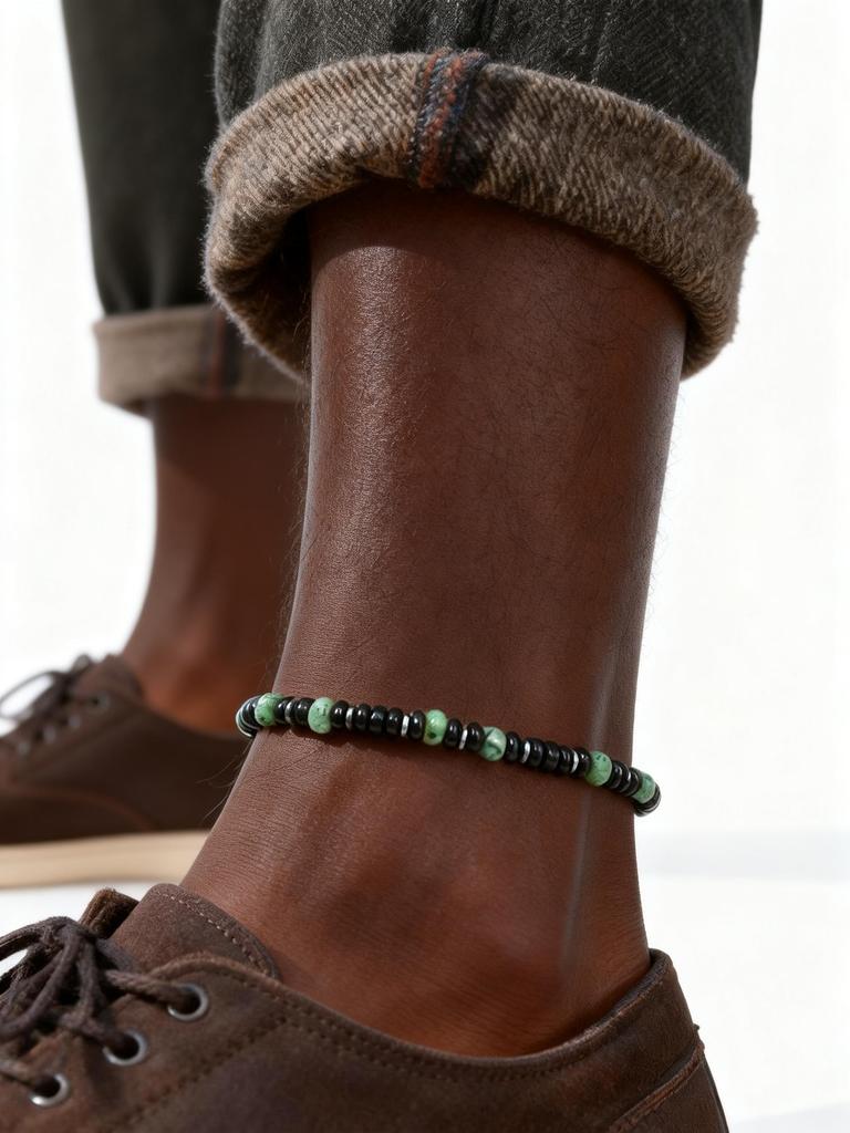 Boho kotníkový náramek s korálky pro muže i ženy, Nerezová ocel stříbrná barva Černý lávový kámen Africké tyrkysové korálky, Letní plážové šperky