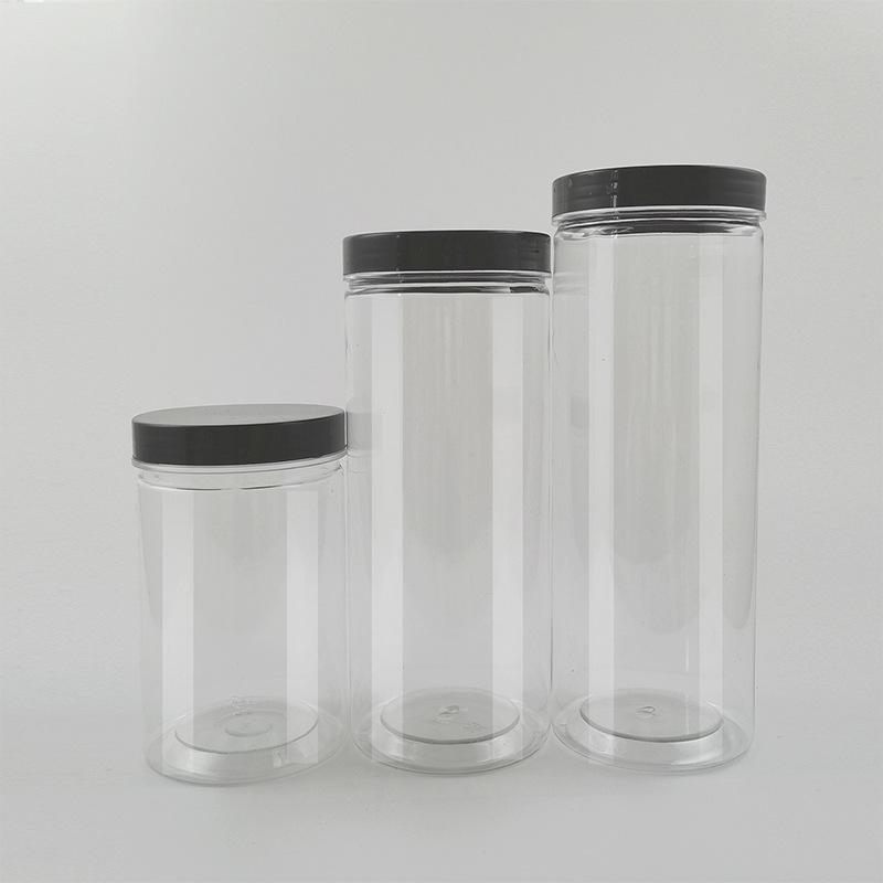 Black Lid Wide Mouth PET Food Jar for Snacks, Nuts, Grains, and Honey.