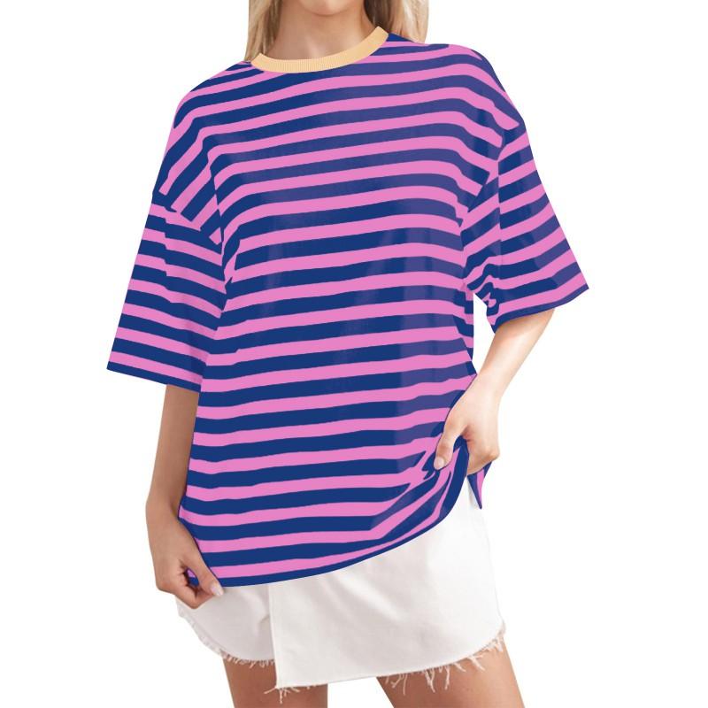 Casual Striped Round Neck Short Sleeve T-Shirt Women Men Comfortable Milk Silk Blend Loose Fit Home Wear
